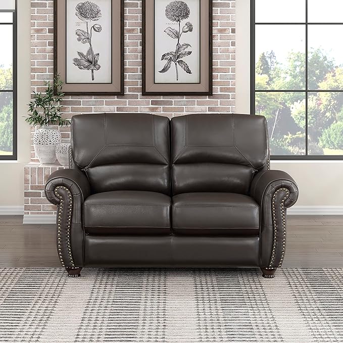 Lexicon Leather Match Couch for Living Room with Wood Frame, Rolled Armrest & Nailhead Trim, Top Grain Leather Match Sofa for Bedroom, Office, Waiting Room, 2-Seater Loveseat, Dark Brown