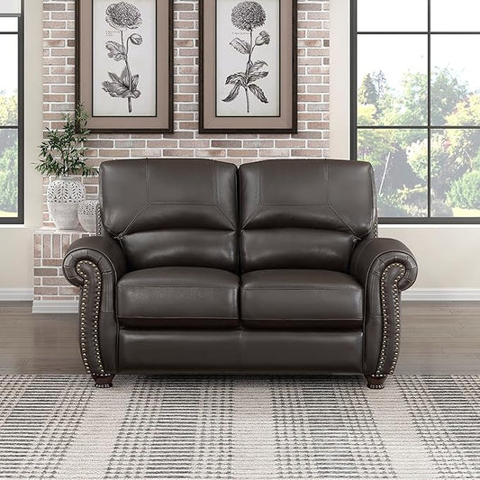 Lexicon Leather Match Couch for Living Room with Wood Frame, Rolled Armrest & Nailhead Trim, Top Grain Leather Match Sofa for Bedroom, Office, Waiting Room, 2-Seater Loveseat, Dark Brown