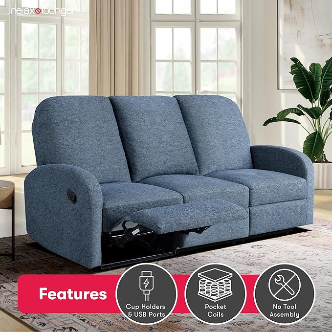 Relax-A-Lounger® Palmdale 79.6" Rocker Manual Pull-Handle Sofa Recliner, Soft Modern, Pocket Coil Comfort, Black Metal Base Leg, Soft Chenille Fabric, Blue