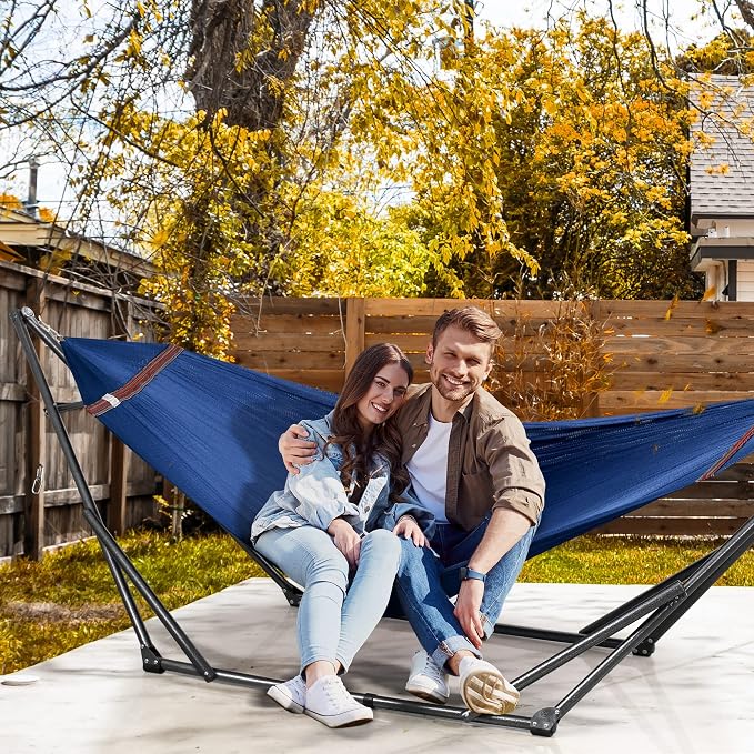 Tranquillo Combo x2 Hammocks with Stand for Outside & Tree Straps, Heavy Duty Hammock with Stand 600lbs for Indoor Outdoor Patio Backyard, x2 Hammocks for 2 Person, Portable Carrying Bags, Aegean - Image 2