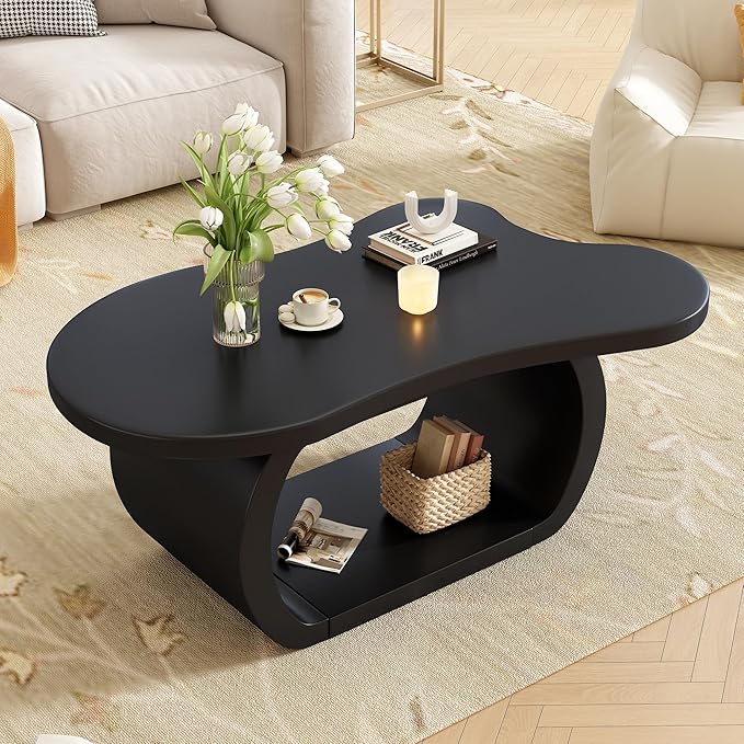 Merax Modern Cream Style Irregular Coffee Table with Round Edge & Shelf, Wood Cloud Accent Center End Tables for Living Room, Reception Room, Apartment, Easy Assemble, Black
