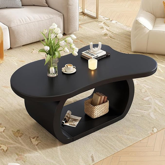 Merax Modern Cream Style Irregular Coffee Table with Round Edge & Shelf, Wood Cloud Accent Center End Tables for Living Room, Reception Room, Apartment, Easy Assemble, Black