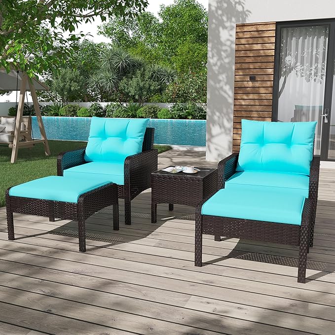U-MAX Outdoor 5 Pieces Patio Furniture Set, PE Rattan Wicker Chairs with Ottoman and Table, Bistro Set for Front Porch, Garden, Backyard, Balcony, Brown/Blue