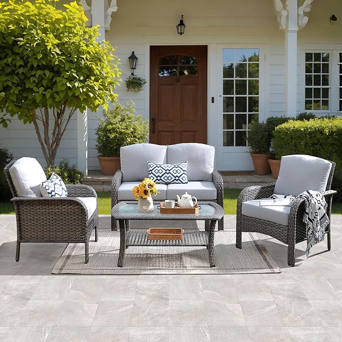 ovios 4-Piece Patio Furniture Set, Outdoor Wicker Sofa with Chairs Coffee Table, High Back Rattan Couch Loveseat with Comfy Cushions for Porch Yard Deck, Grey