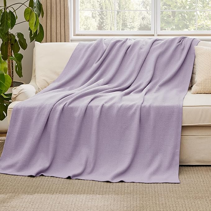 Bedsure GentleSoft 100% Cotton Large Throw Blanket for Couch 50x70 inches - Breathable and Lightweight, Soft Cozy Herringbone Woven Cotton Throw for Summer, Light Purple Office Chair Blanket
