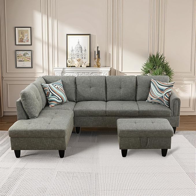 NicBex Modular L-Shaped Sectional Couches, 3-Piece Convertible Couch with Storage Ottoman, 4-Seat Comfy Sofa with Chaise for Living Room & Apartment, Grey