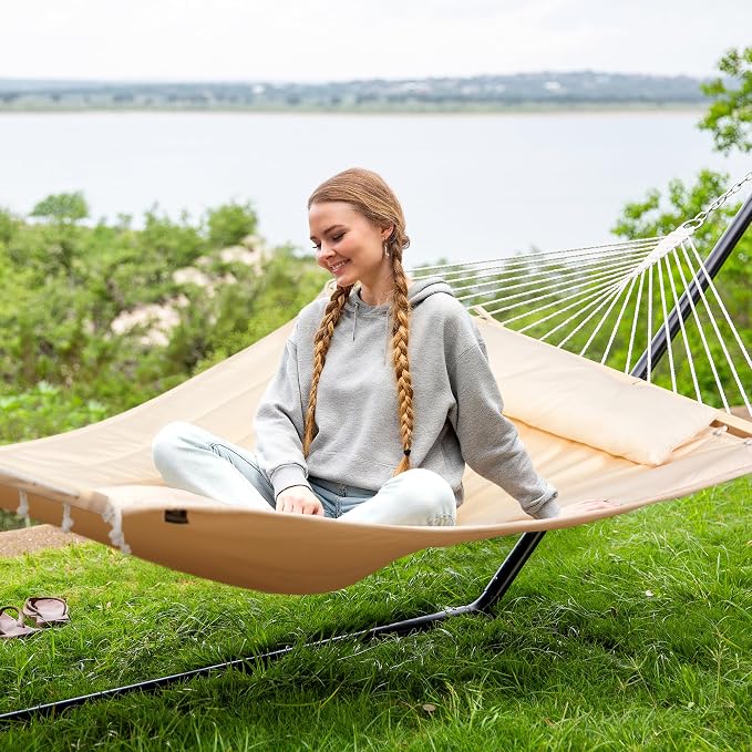 SUNCREAT Hammocks Extra Large Double Hammock with 12 ft Stand, 475lbs Capacity, Outdoor Portable Hammock with Hardwood Spreader Bar, Extra Large Pillow, Beige - Image 2