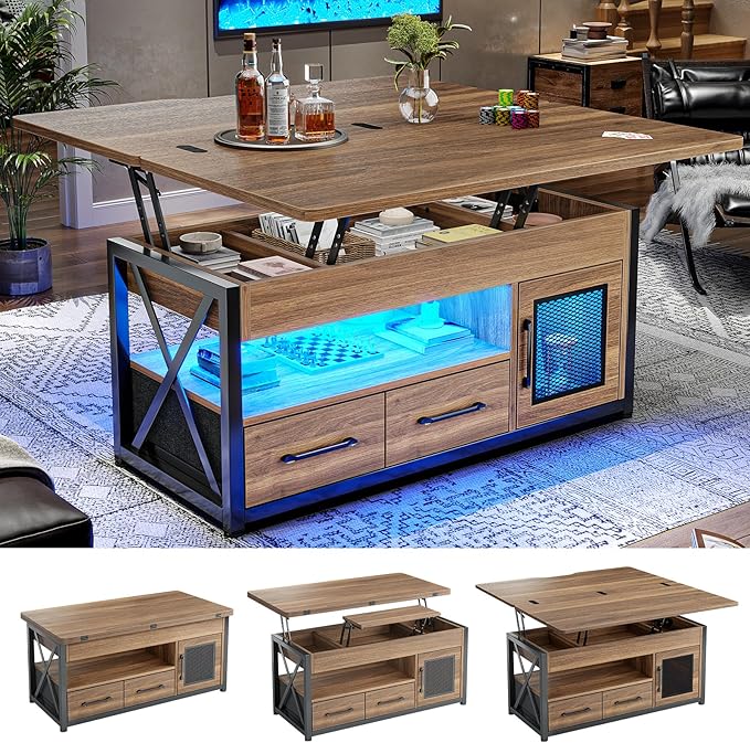Itaar 40" Lift Top Coffee Table, 4 in 1 Coffee Tables with Storage Cabinet for Living Room, Small Farmhouse Coffee Table with 2 Fabric Drawers & LED Light for Dining Room, Oak Brown