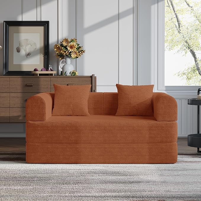 HouseMila 53.15" Boneless Couch,4-in-1 Futon Sofa Bed Modular Loveseat Sleeper Folding Compressed Couch with Pillows,No Assembly Required Convertible Sofa Bed for Living Room Bedroom Guest Room,Beige