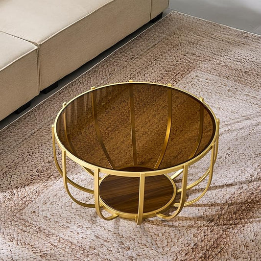 Saint Mossi Glass Round Coffee Table for Living Room, Modern 2-Tier Gold Drum Center Table, Brown Glass Top, Walnut Shelf with Gold Finish Legs & Frame, W30xH16.5