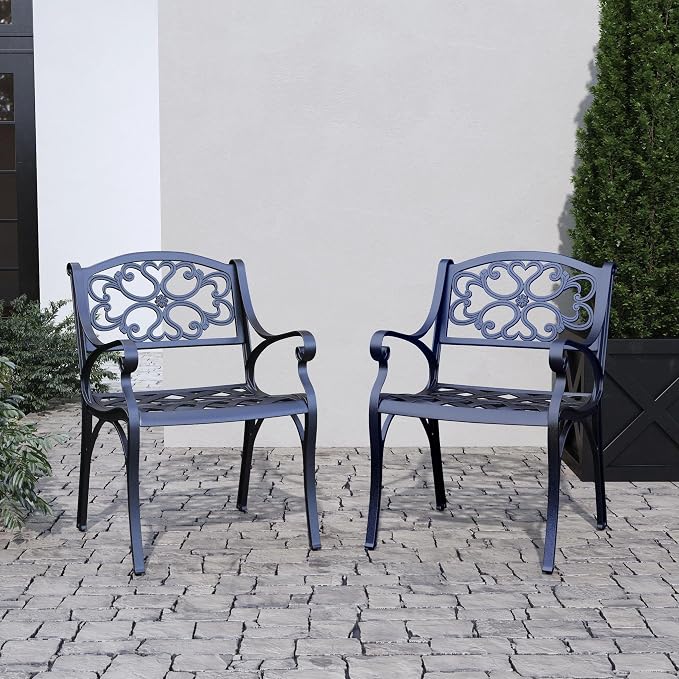 Homestyles Sanibel Black Stationary Cast Aluminum Outdoor Dining Chair, 2 Piece Patio Chairs, Set of 2 Garden Chairs with Armrest & Backrest for Garden Patio Pool Beach Yard, Black - Image 4