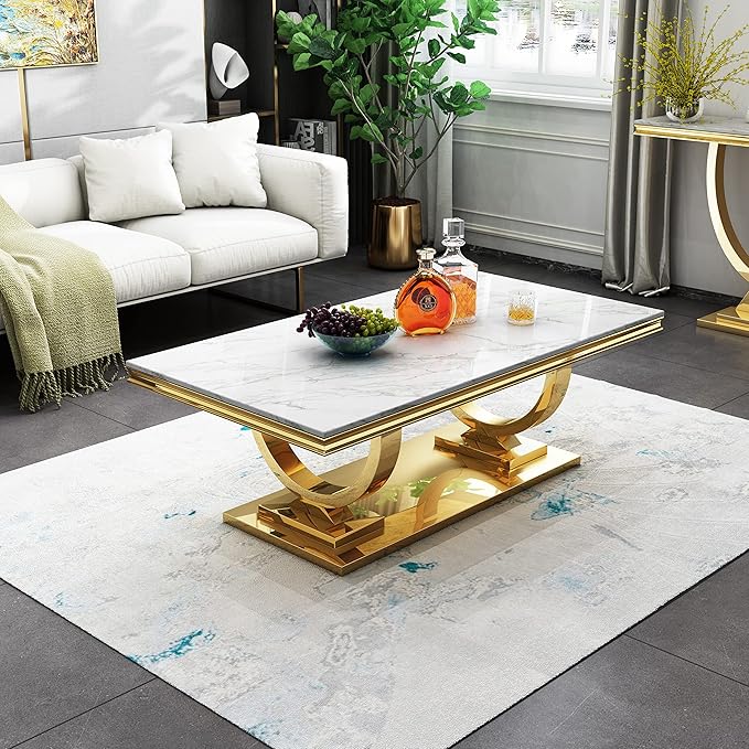Modern Marble Coffee Table, Rectangular White and Gold Marble Tea Table with U-Shape Stainless Steel Base with Gold Mirrored Finish for Living Room (Gold3)