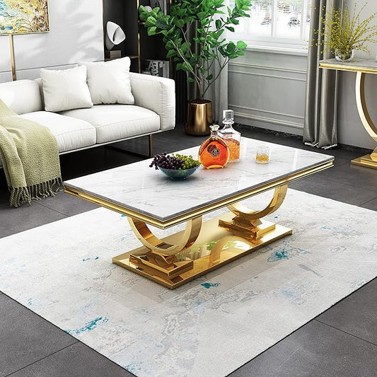 Modern Marble Coffee Table, Rectangular White and Gold Marble Tea Table with U-Shape Stainless Steel Base with Gold Mirrored Finish for Living Room (Gold3)