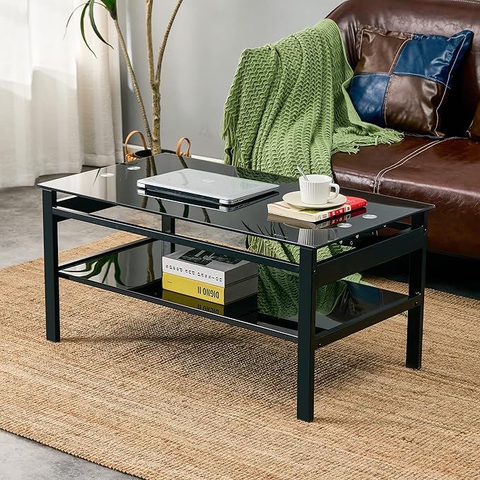 IANIYA Lift Top Coffee Table, Black Tempered Glass Coffee Tables with Storage Space and Open Shelves, Small Rectangle Lift Tabletop Living Room Center Table for Home Office
