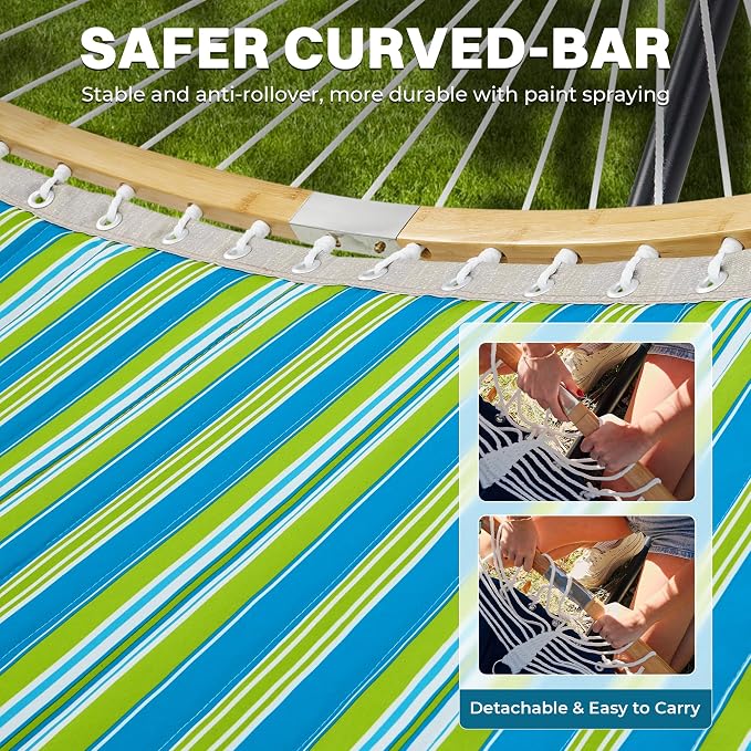 SUPERJARE Curved-Bar Hammock with Stand, 2 Person Heavy Duty Hammock Frame, Detachable Pillow & Portable Carrying Bag, Perfect for Outdoor & Indoor, Thin Blue and Green Stripes - Image 7