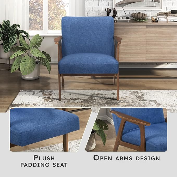 Lexicon Mid Century Modern Accent Chair, Upholstered Lounge Armchair, Single Sofa Seat, Brown Finish Solid Wood Framed Comfy Side Chairs for Living Room/Bedroom/Office/Waiting Area, Blue