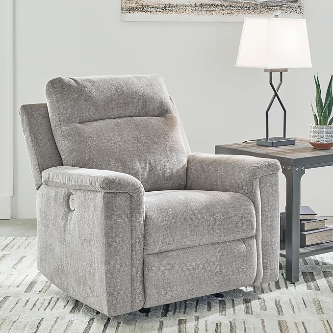 Signature Design by Ashley Barnsana Casual Power Recliner with Rocking Motion and USB Port, Light Gray