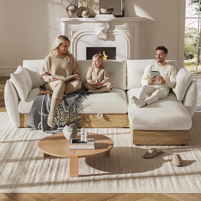 L Shaped Cloud Couch Sectional Modular Sofa with Storage, Cotton and Linen Fabrics Modern Oversized Deep Seat Sofa with Armrest Pillow, Easy Assembly for Living Room, Apartment, Ivory