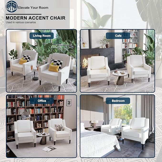 Ribilake Cream Accent Chair Set of 2 - High Back Upholstered Armchair, Comfy Living Room Arm Chair, Reading Accent Chairs for Bedroom, Apartment, Office, Single Sofa with Wood Legs
