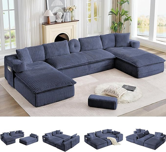 149" Oversized U Shaped Cloud Modular Sectional Sofa Boneless Couch with Double Chaise,Free Combination Convertible Floor Sofa Bed with Storage Pockets and Pillows | No Assembly