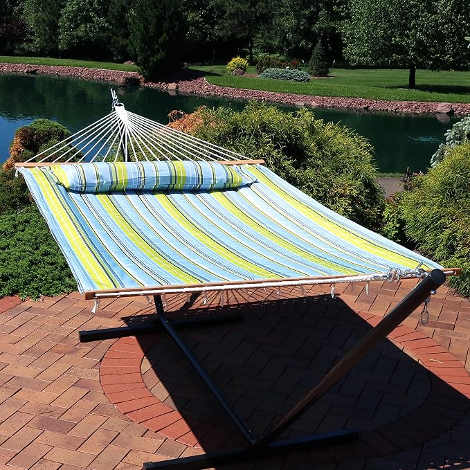 Sunnydaze Quilted Double Hammock for Outside with Spreader Bars and Pillow - 450 lb Capacity, 74x55 Inch Bed, UV Resistant, Quick Dry - Chains Included, Stand Sold Separately - Blue & Green - Image 2