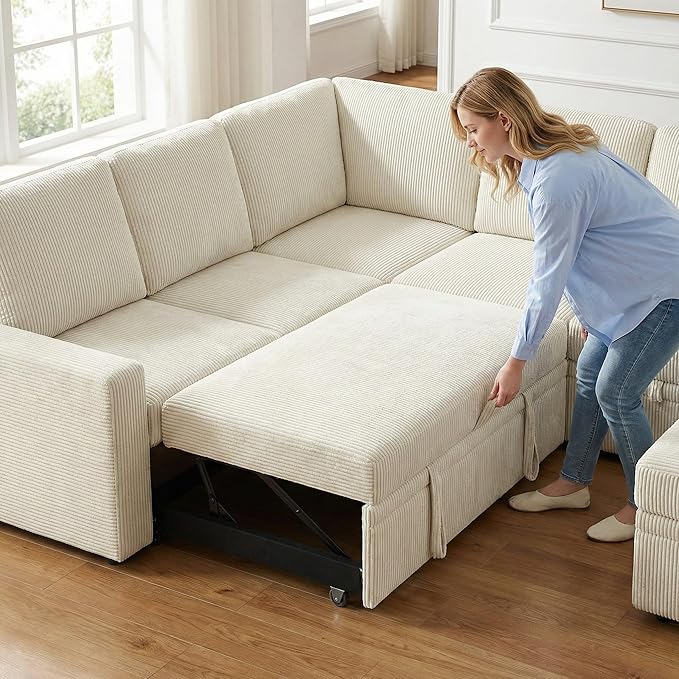 7-Seater Large Sectional Couch with Pull Out Bed, L Shaped Corduroy Sofa with Storage, Convertible Modular Sofa, for Living Room, Apartment, Beige