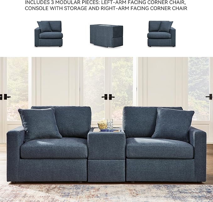 Signature Design by Ashley Modmax Contemporary Modular Stain Resistant 3-Piece Sectional with Storage Console, Drawer and 2 Accent Pillows, Blue