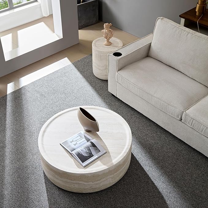 Round Coffee Table for Living Room Circle Coffee Table Modern Drum Center Table for Apartment, No Need Assembly (Fiberglass 35.43'' Mars Pattern)