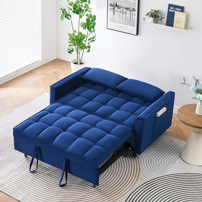 55" Modern Velvet Loveseat Sleeper Sofa, 3-in-1 Convertible Pull-Out Bed with Adjustable Backrest, 2 Pillows & Side Pockets, Small Pull Out Couch for Living Room, Apartment(Blue)