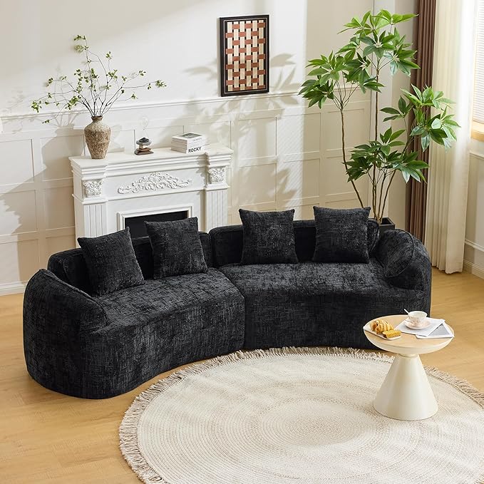 109-Inch Curved Boneless Sofa Couches Compressed 4-Seat Foam Couch for Living Room Bedroom, Boneless Modular Cloud Sofa Curved Floor Couch with 4 Pillows, No Assembly