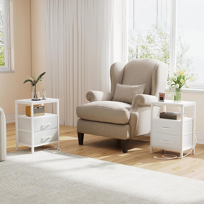 OLIXIS Nightstands Set of 2 with Charging Station, Bedside Table with USB Ports & Type-C, 2 Fabric Drawers Night Stand with Open Shelf, Compact End Table for Bedroom, White - Image 2