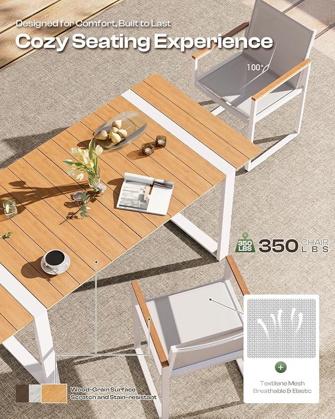Outdoor Table and Chairs of 4, Patio Dining Sets, HDPS + Aluminum Outdoor Furniture Set with Umbrella Hole, Patio Dining Table Set (White-Teak) - Image 3