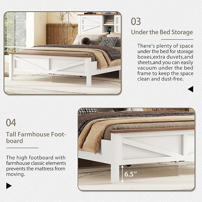 3-Pieces Bedroom Sets, Queen Size Farmhouse Platform Bed with Cabinet and Nightstand, Wood Bedroom Furniture Set with Storage Headboard, No Box Spring Needed (White+Brown/78)