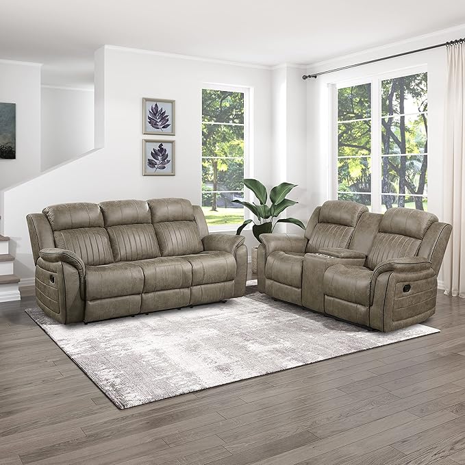 Lexicon Recliner Living Room Set, Home Theater Seating, Manual Polished Microfiber Upholstery Sofas, RV Couch Including Double Recliner Sofa and Loveseat, 2-Piece Set, Sandy Brown