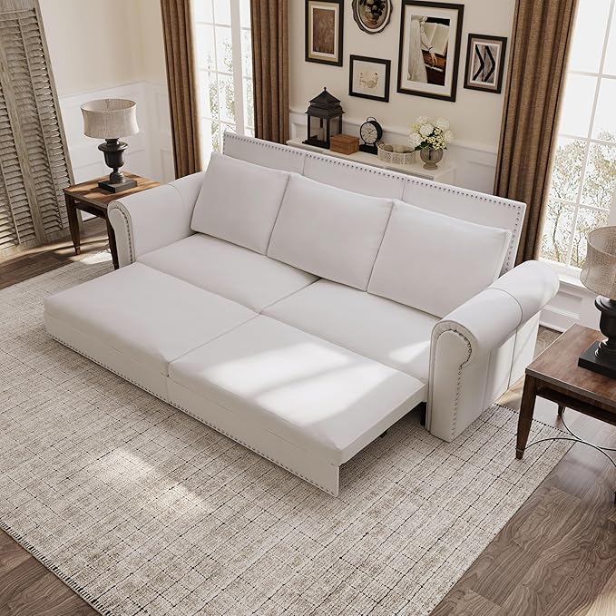 Eafurn 93.7" King Size Pull Out Sofa Bed, 3-in-1 Convertible Sleeper Sofa Couch Bed with Nailhead Decor and Rolled Arms, Velvet Oversized Chesterfield Loveseat Chaise Lounge