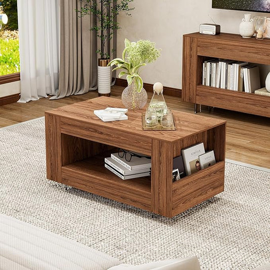 39" Wood Coffee Table for Living Room, Sides Storage with Transparent Legs, Minimalist Farmhouse 2-Tier Storage Shelf Center Table for Home Office, Apartment, Walnut