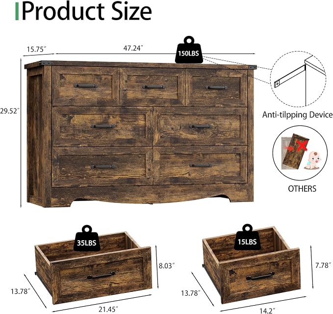 Dresser for Bedroom with 7 Drawers, 48" Wide Wood Chest of Drawers with Deep Drawers & Mental Handle, Modern Dresser TV Stand, Wooden Closet Storage Organizer for Living Room, Hallway, Entryway, Brown - Image 2