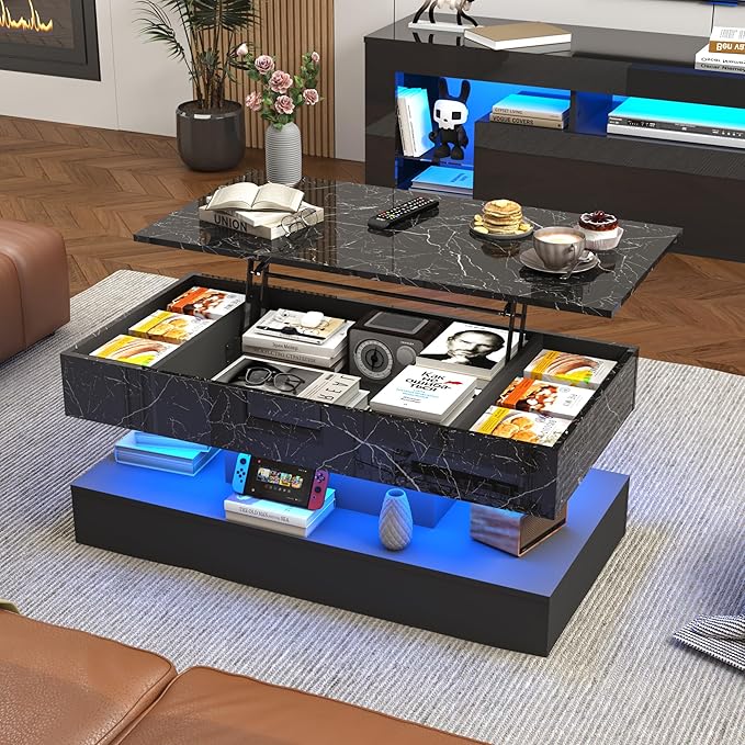 39.4" Large Lift Top Coffee Table, Modern LED High Glossy Coffee Table with Charging Station, Lights, Hidden Compartment Storage, Lift Center Tables for Living Room, Home Office, Black