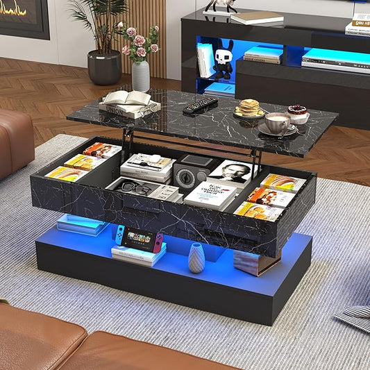 47.2" Large Lift Top Coffee Table, Modern LED High Glossy Coffee Table with Charging Station, Lights, Hidden Compartment Storage, Lift Center Tables for Living Room, Home Office, Black