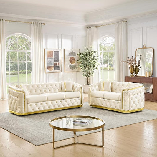 KEIKI 2-Piece Luxury Chesterfield Sofa Set with 1 Velvet 3-Seater Sofa & 1 Loveseat Sofa, 5-Seater Couch Set with 4 Pillow, Gold Stainless Decoration and Rolled Arms, for Living Room, Beige