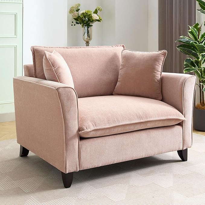 46.3 Inch Oversized Armchair Chenille Fabric Chair and a Half Single Sofa with Pillow Removable Washable Covers Rubberwood Legs Ruffled Armrests for Living Room Bedroom Office Apartment, Pink