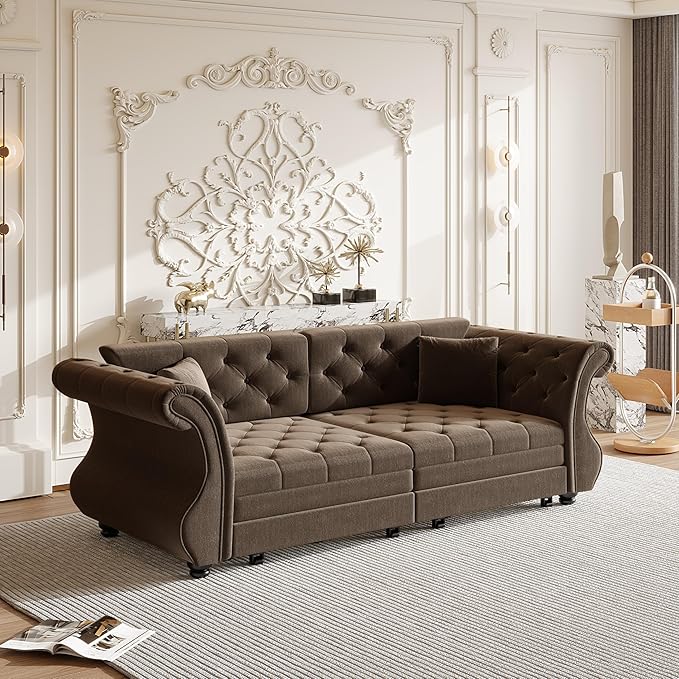 Eafurn Oversized 3-Seater Chesterfield Loveseat Convertible Queen Size Sleeper Couch Bed,Classic Tufted Velvet Pull Out Loveseat Sofa Bed with Roll Armrest and Solid Wood Legs