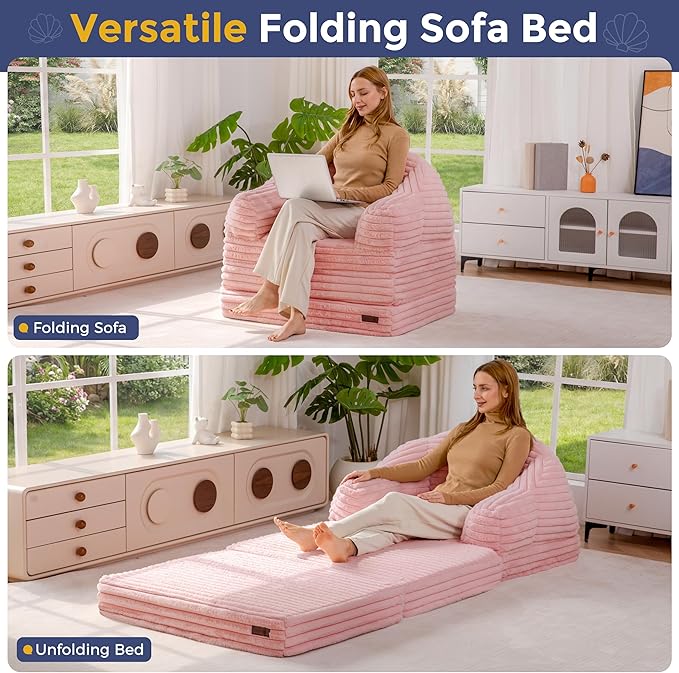 MAXYOYO Folding Sofa Bed, 2 in 1 Convertible Sofa to Lounger Comfy Faux Fur Bean Bag Chair for Adults, Floor Single Sleeper Couch Chair with Handle, Couch Bed for Living Room Bedroom, Pink