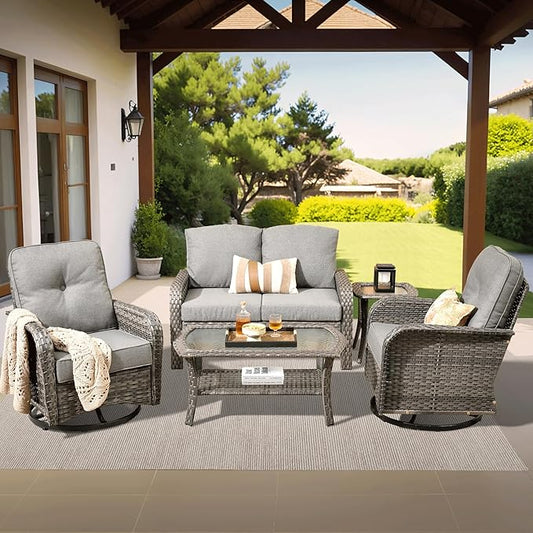 ovios 5-Piece Patio Furniture Set, Outdoor Wicker Sofa with Swivel Chairs Coffee Table, High Back Rattan Couch Loveseat with Comfy Cushions for Porch Yard Deck, Dark Grey