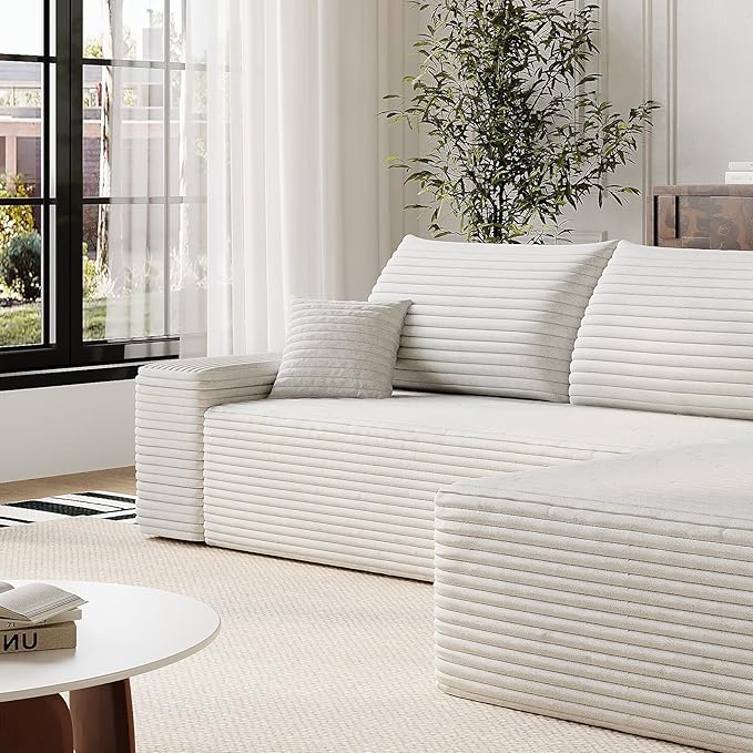 107" Oversized White Cloud L Shaped Sofa - Plush Corduroy Big Couch for Living Room Bedroom Apartment, Right Facing Chaise, No Assembly Required