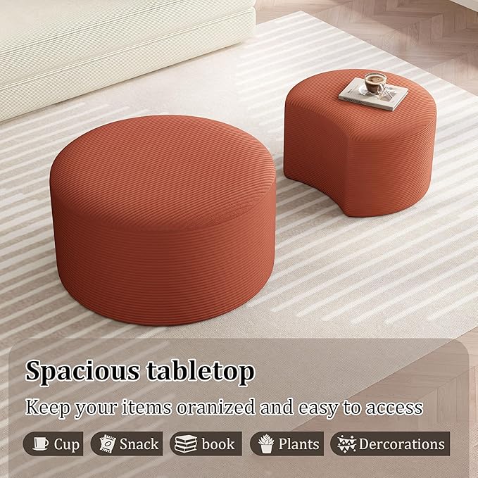 Nesting Coffee Table Set of 2, Upholstered Round Corduroy Circle Foam Round Side Table for Living Room, Entryway Set, 32"+17" Footrest No Assembly (Orange, 32"+17")