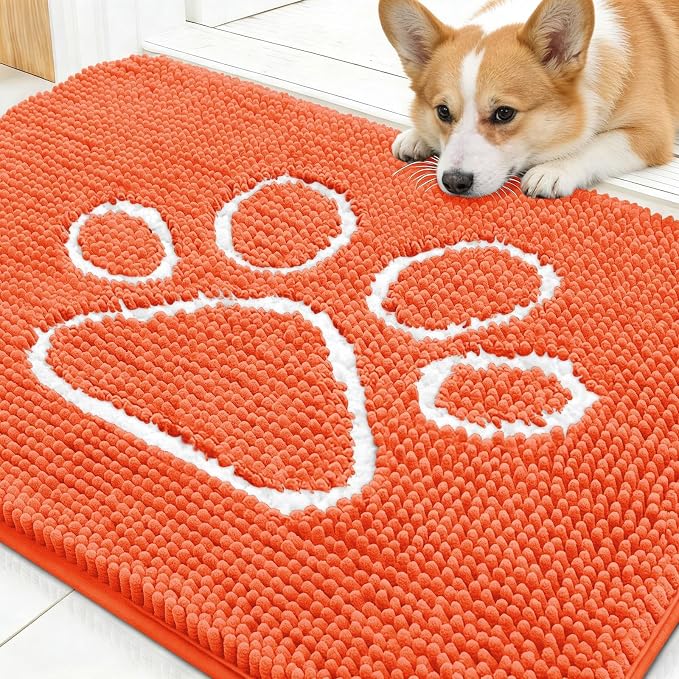 OLANLY Dog Door Mat for Muddy Paws 30x20, Paw Print Design, Absorbs Moisture and Dirt, Absorbent Non-Slip Washable Doormat, Quick Dry Chenille Mud Mat for Dogs, Entry Indoor Entryway Carpet, Coral by OLANLY