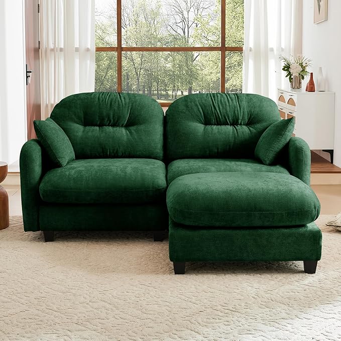 KEIKI 74" L-Shaped Oversized Chenille Modular Sectional Loveseat Sofa with 1 Ottoman, High-Density Foam Cushions, Tufted Pleated Cushion Backrest, 2-Seater Couch with 2 Pillow, for Living Room, Green