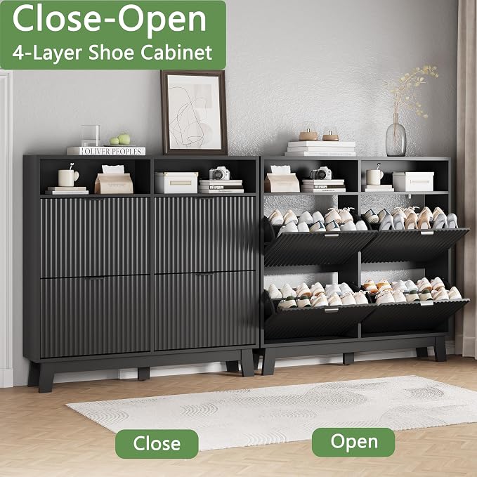 Xixini Shoe Cabinet with 4 Flip Drawers, 46" Tall Narrow Fluted Shoe Storage Organizer for Entryway, Hidden Slim Wooden Shoe Rack Cabinet for Front Door Entrance, Hallway, Living Room, Solid Black - Image 5