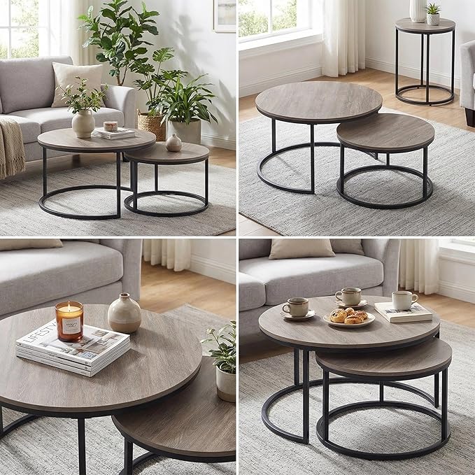 CENSI Round Nesting Coffee Table Set of 2, 31.5" Modern Grey Wash Oak Wood & Metal Frame, Industrial Circle Stacking Accent Tables for Living Room, Rustic Farmhouse Decor, Easy Assembly